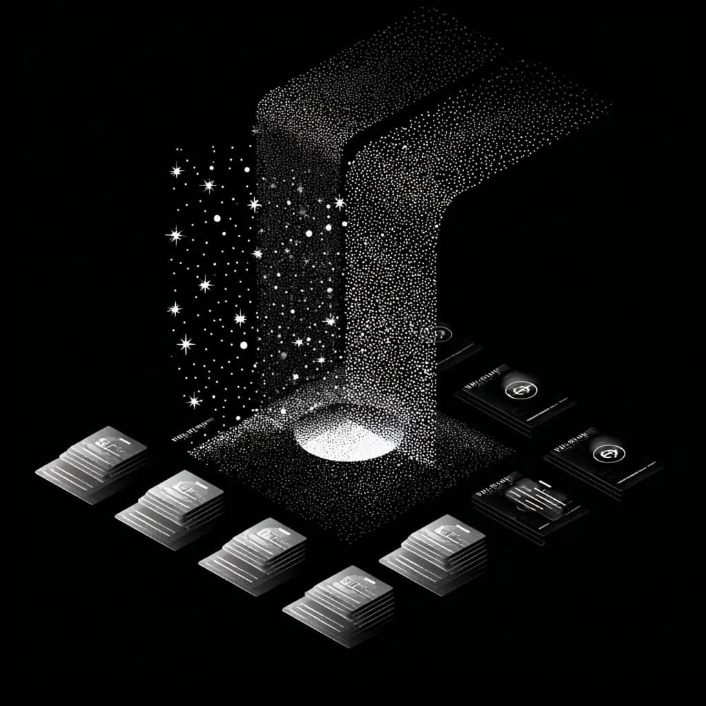 Black-and-white isometric abstract: stippled particle streams flowing into a circular base with stacked digital slabs—AI infra and throughput