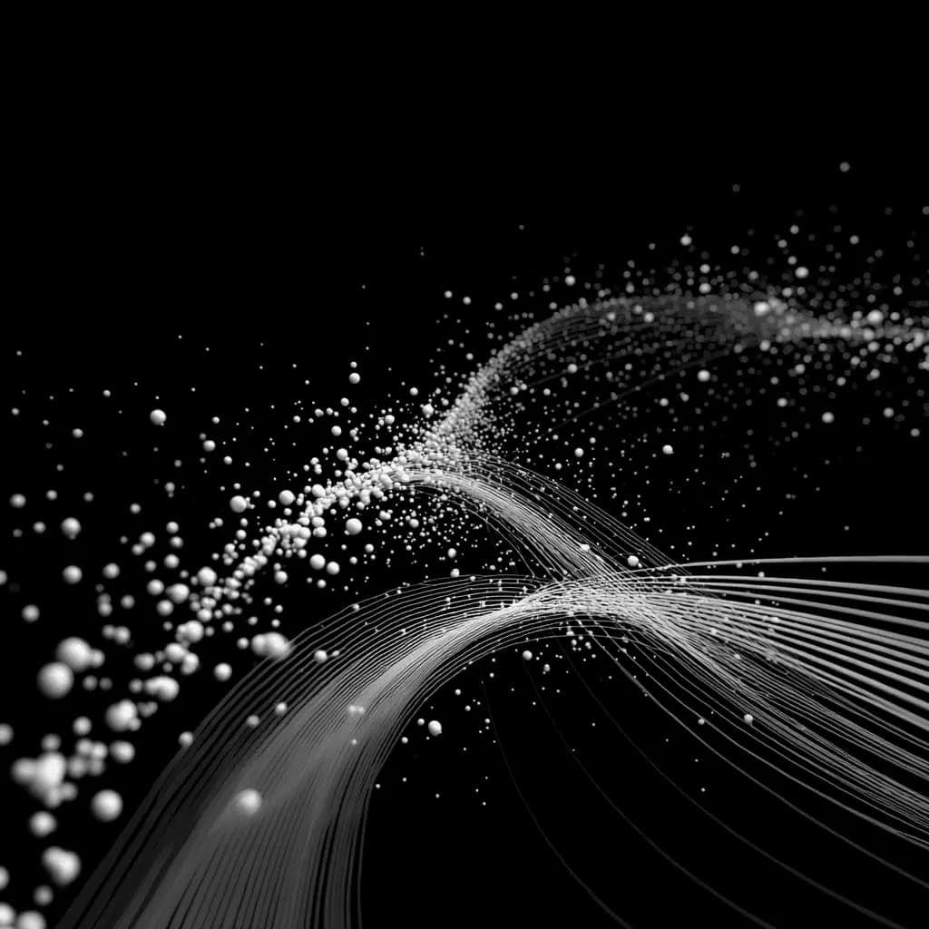 Abstract white particle streams on black suggesting momentum and upward growth