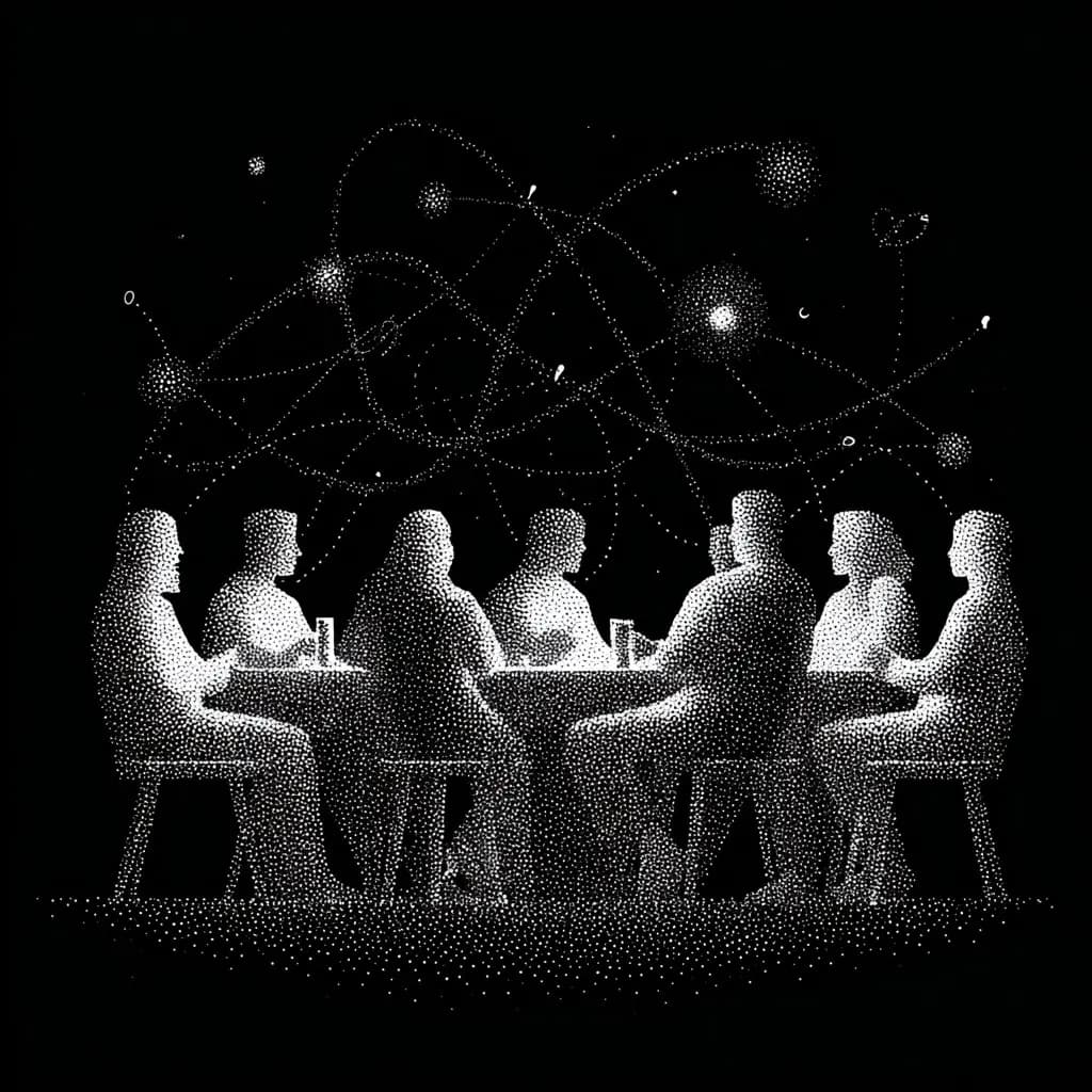 Black-and-white stippled illustration: founders around a table with a dotted constellation of nodes and arcs above—metaphor for VC intros and ecosystem connections