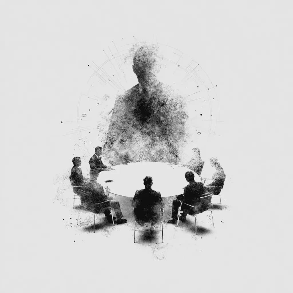 Abstract monochrome illustration of founders around a glowing table with a large guiding figure overhead, suggesting mentorship and collaborative strategy