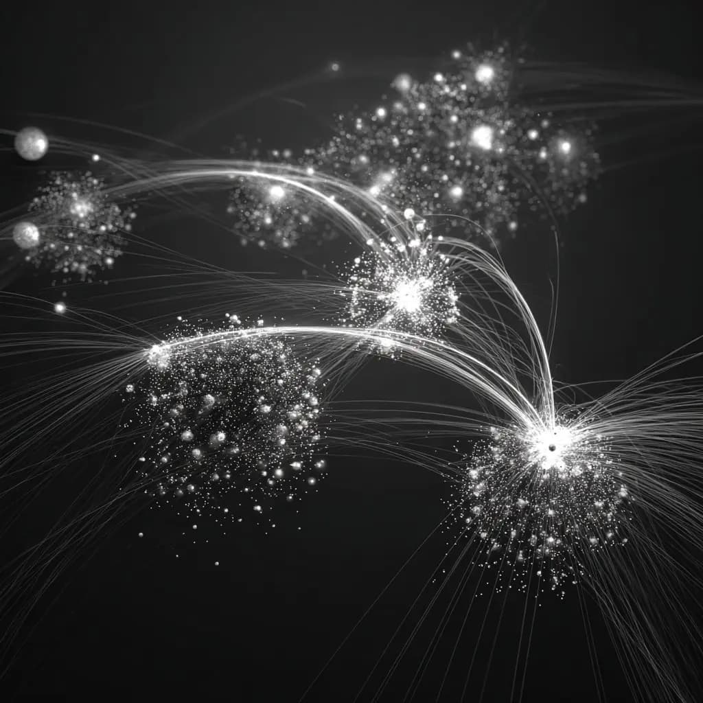 Abstract black-and-white visualization of luminous node clusters linked by arcs and filaments, suggesting founder networks and connectivity