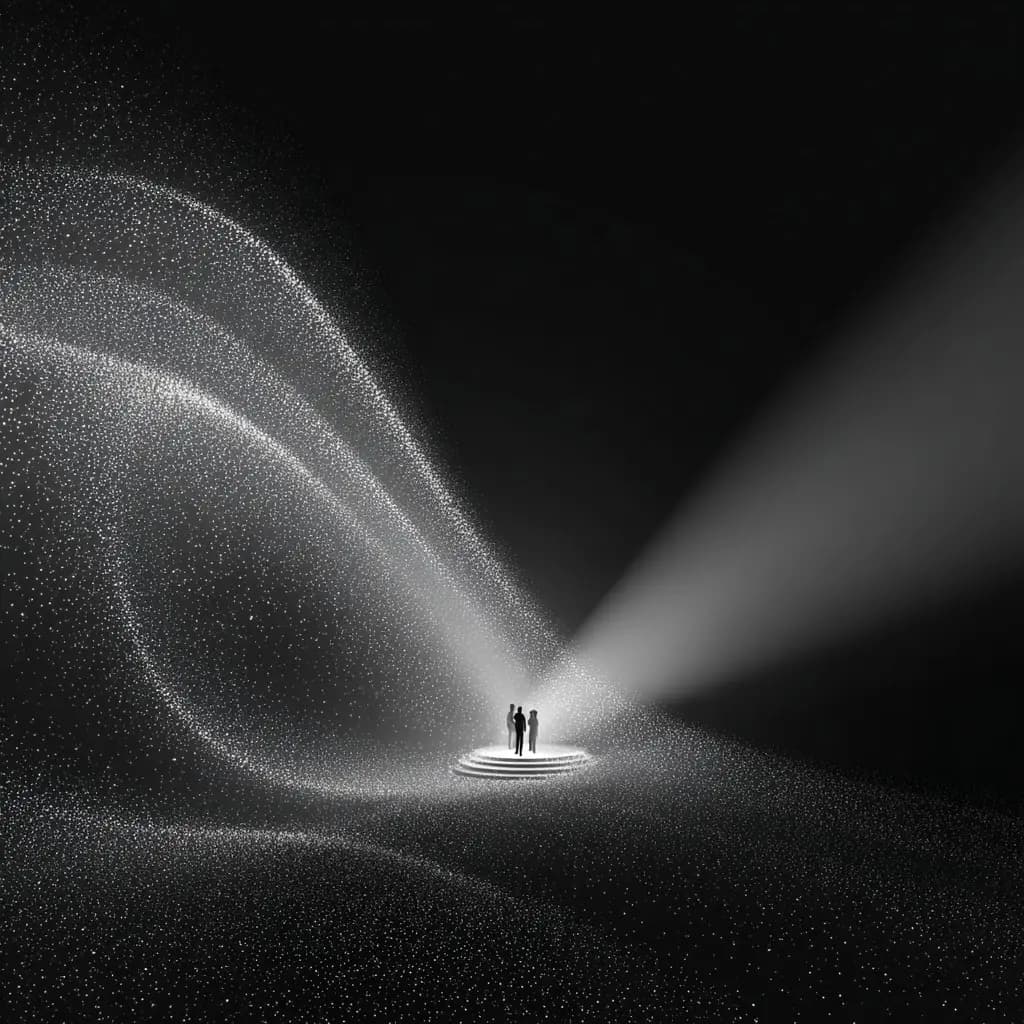 Abstract black-and-white scene: three silhouettes on a glowing tiered platform in a vast particle field, with a spotlight from above—metaphor for being in the spotlight